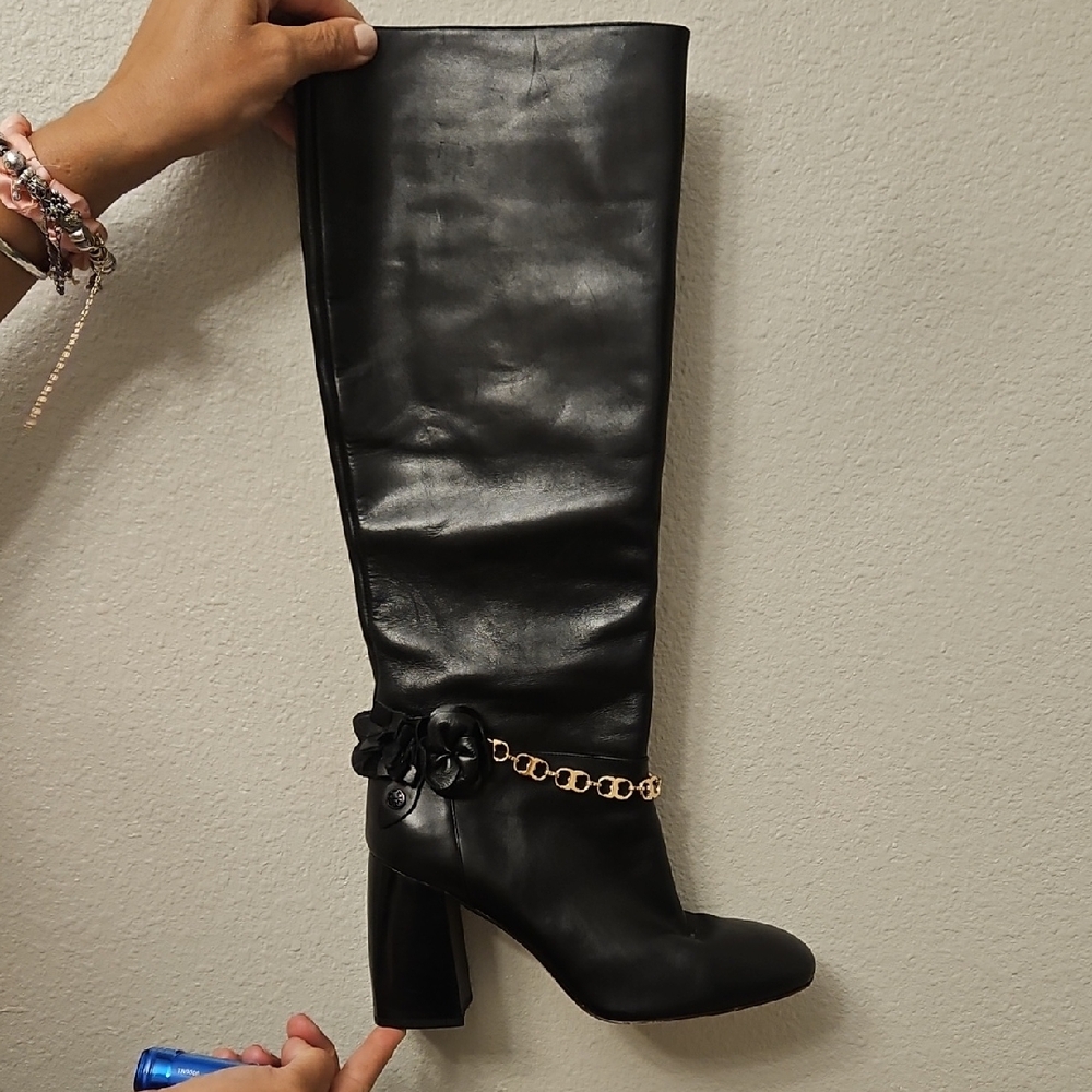 Tory Burch Black Leather Heeled Boots with Gold Chain